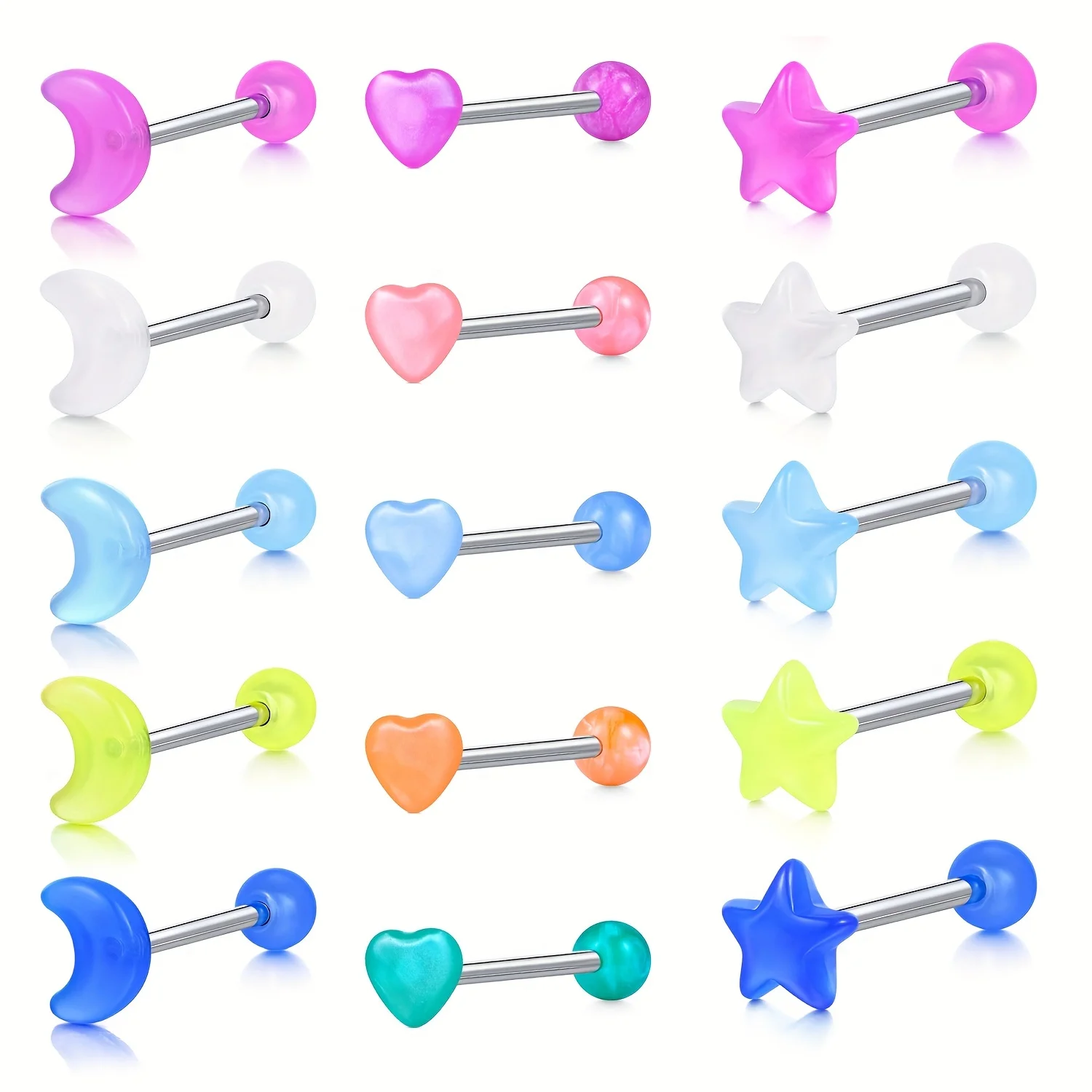 15PCS 16mm Stainless Steel Glow In The Dark Acrylic Tongue Rings, Straight Barbells Heart Moon Shape Tongue Piercing Jewelry