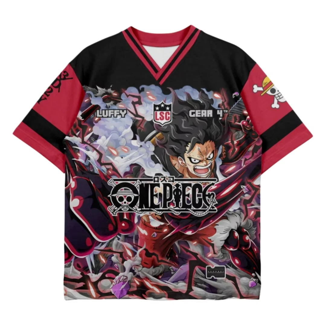 Bandai Luffy Gear 4 Jersey Jumpsuit Anime Print Sports and Casual V-neck T-shirt for Summer Quick Drying, Soft and Breathable