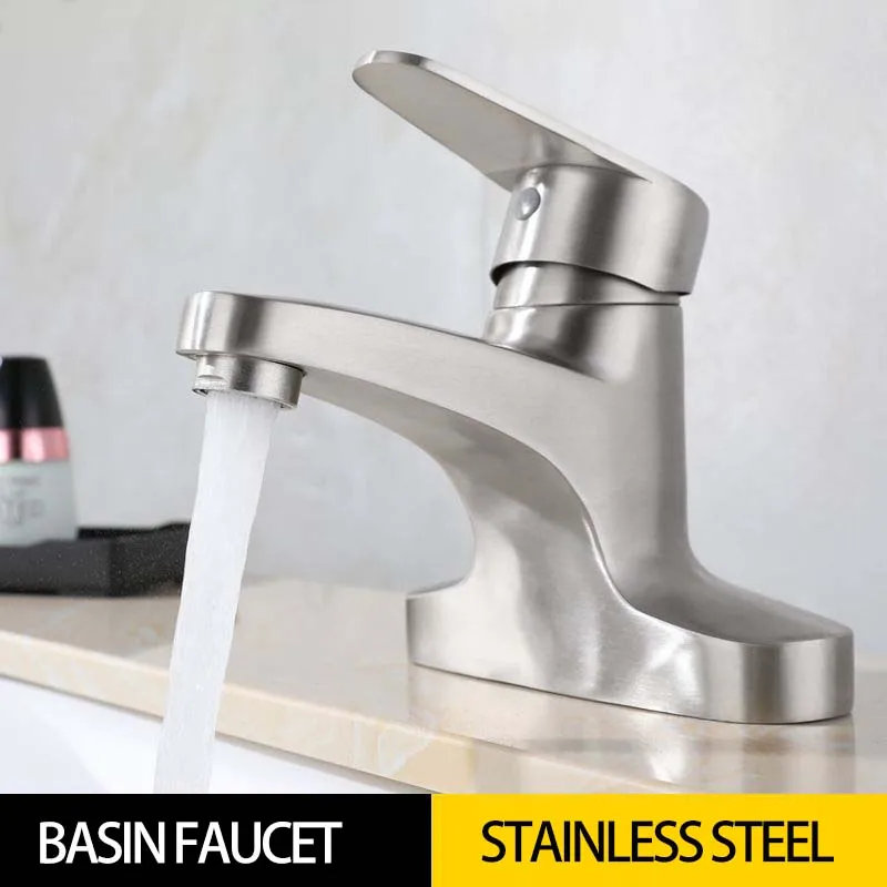 304 Stainless Steel Brushed Bathroom Faucet Basin Sink Taps Single Lever Double Hole Cold and Hot Water Mixer Tap Deck Mounted