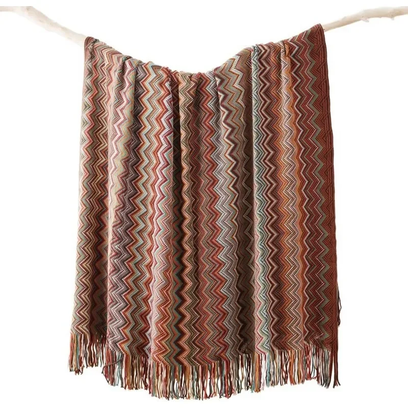 Textured Boho Knitted Throw Blankets with Tassels Chunky Cozy Jacquard Lightweight Blankets Farmhouse Gift Plaids for Travel