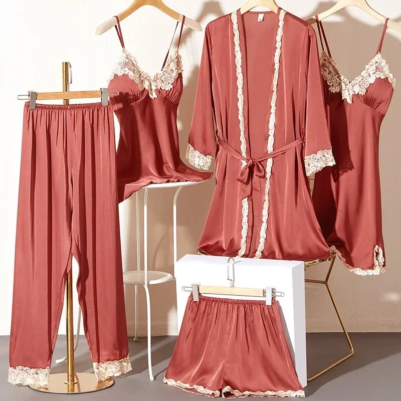 Ice Silk Pajamas Women\'S Summer Thin Sexy Lace Sling Nightgown Five-Piece Set Korean Version Long-Sleeved Home Clothes Smooth