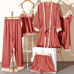 Ice Silk Pajamas Women'S Summer Thin Sexy Lace Sling Nightgown Five-Piece Set Korean Version Long-Sleeved Home Clothes Smooth