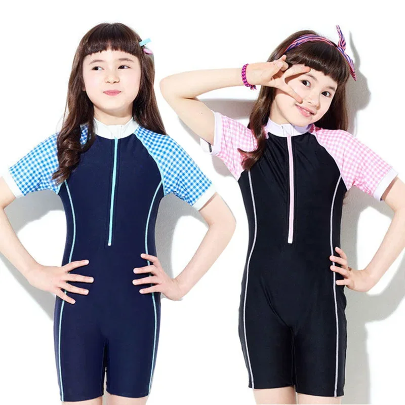 Children's Swimsuit Girl Jumpsuit Conservative Training 9-15 Year Old Teenagers Plaid Sunscreen Quick Drying Girls' Swimsuit