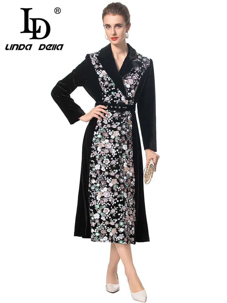 LD LINDA DELLA Sequins Embroidery Design Autumn and Winter Women's Dress Notched Long-Sleeved Vintage Party Ball Gown Dresses