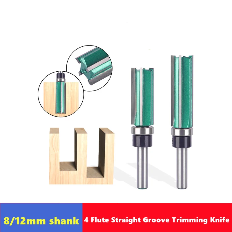 Cortador de ranurado y recorte de 4 dientes con vástago de 8mm y 12mm con cabezal cepillador de rodamiento, fresa para carpintería de aleación dura