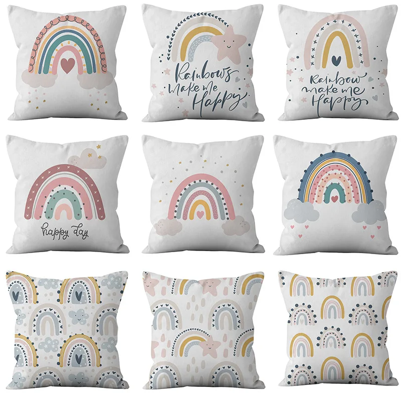 Cushion Cover Rainbow Printed Ployester Pillowcase Colorful Rainbow Throw Pillow Cover Pillowcase for Child's Room Decor Pillows
