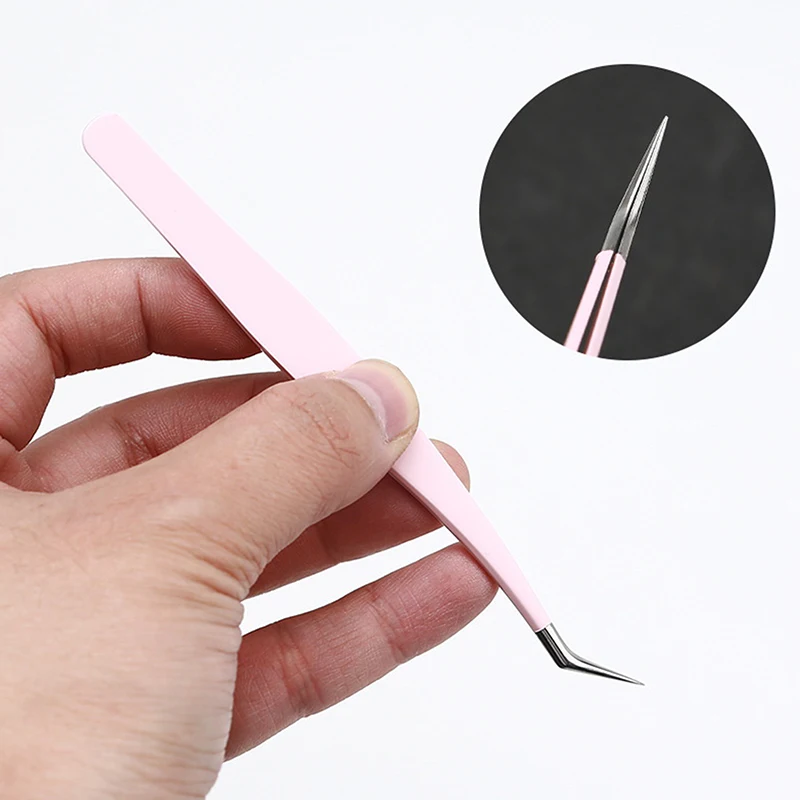 Eyelash Tweezers Extension Pink Stainless Steel Superhard Tweezers With Fiber Tips High Precision Anti-Static Tweezers