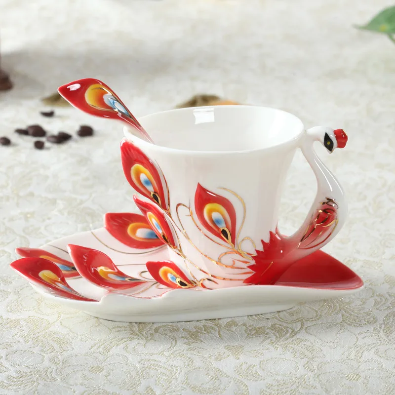 European Style Ceramic Coffee Cup Bone China 3D Enamel Color Porcelain Tea Cup with Saucer and Spoon Set Drinkware