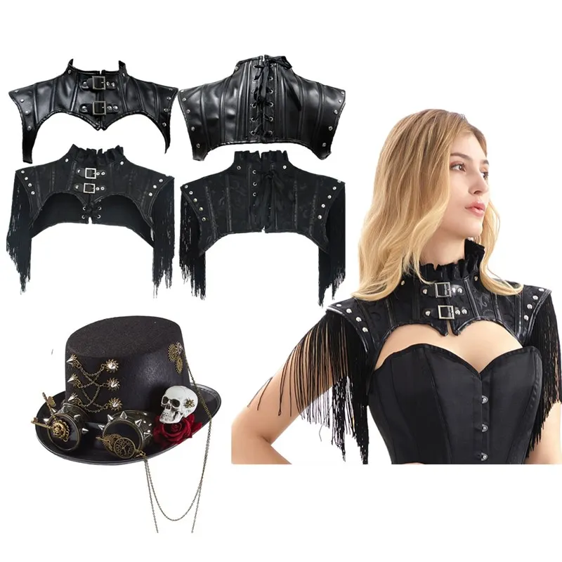 Gothic Dames Retro Harnas Schouderpantser Cape Punk Sjaal Victoriaanse Punk Platte Hoed Goochelaar Cosplay Cap Kostuumaccessoires