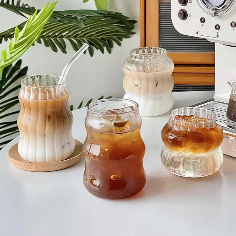 

Ins Glass Cup Heat-resistant Tumbler Drinkware Transparent Tea Juice Milk Coffee Mug Home Water Glasses Stripe Mug 410/650/530ml