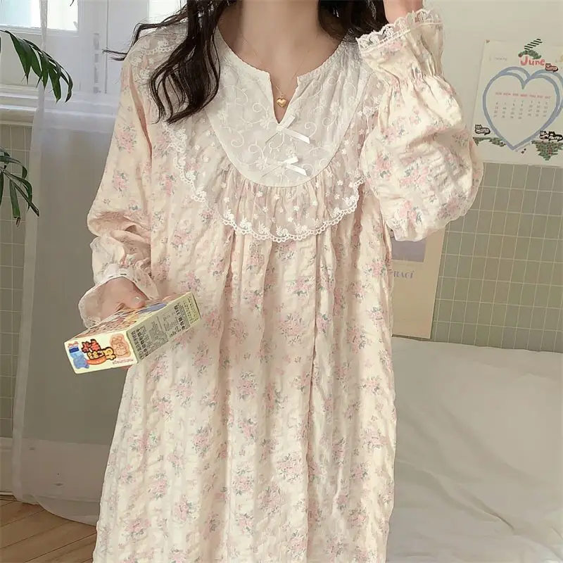 

Japanese Small Floral Nightgown for Women Spring Autumn New Cute Lace Long-sleeved Dress Home Wear Sleepwear Piece Sleeping Gown