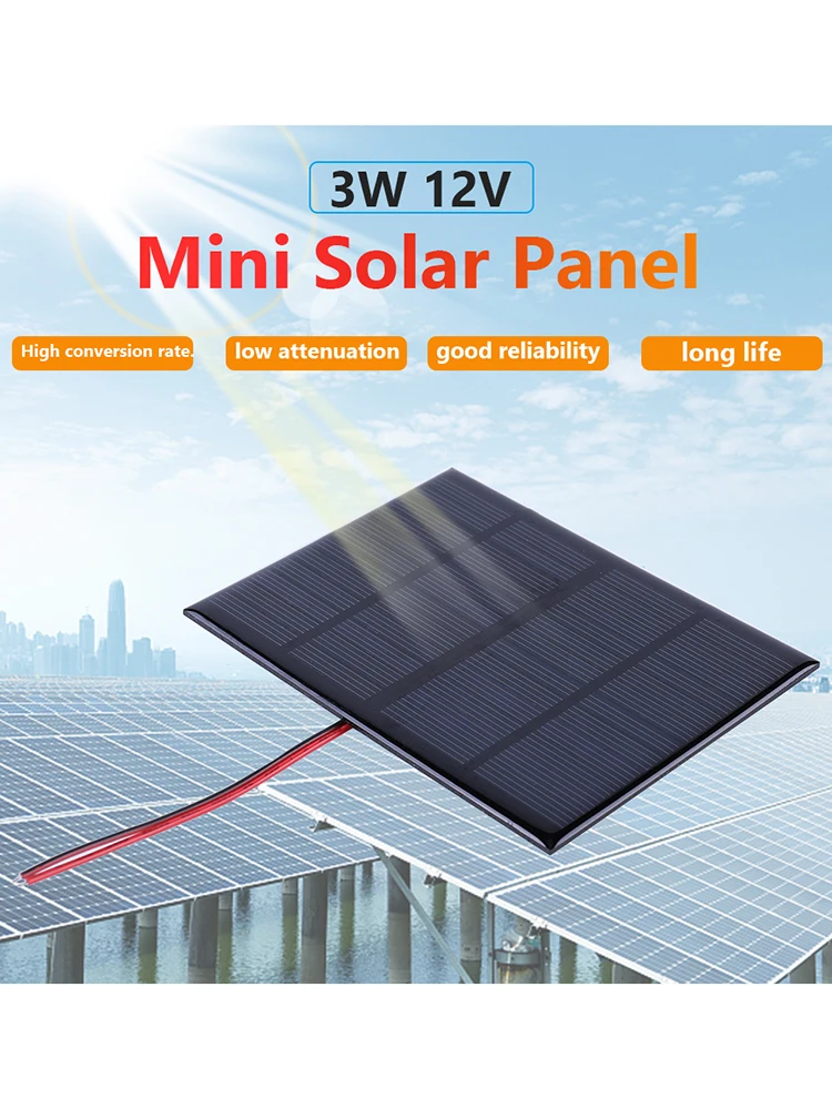 

3W 12V Portable Solar Panel with Cable DIY Polysilicon Solar Epoxy Cell Charger for 9-12V Battery/Mobile Phone for Lamp Fan Pump