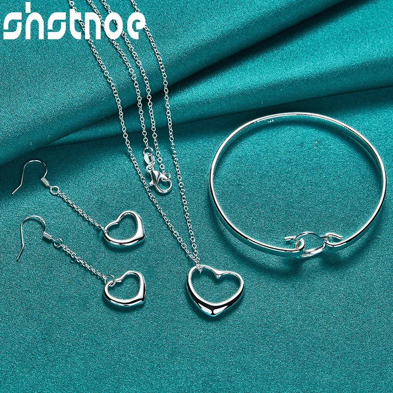 

3pcs 925 Sterling Silver Heart Pendant Necklace Bangle Earrings Wholesale Jewelry Sets For Woman Wedding Engagement Party