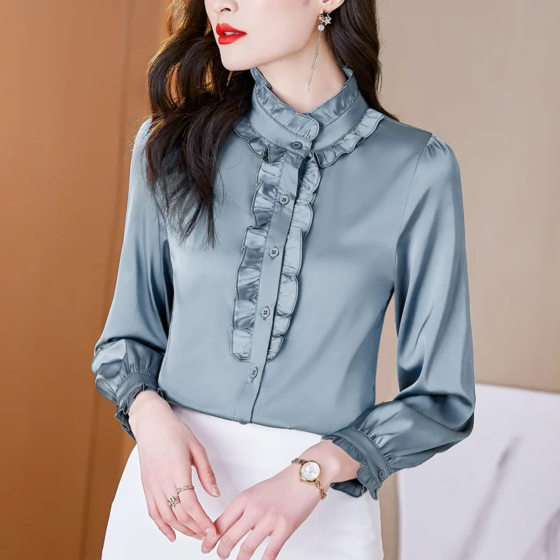 #2505 White Red Purple Grey Satin Shirt Women Ruffles Stand Collar Office Shirt Long Sleeve Womens Tops And Blouses Regular Fit