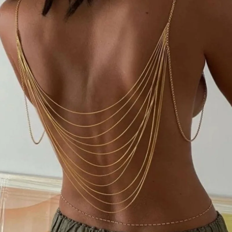 1pc Multilayers Metal Bead Bra Chain Necklace Body Jewelry for Women Beach Bikini Decor Chest Body Chain Harness Accessories