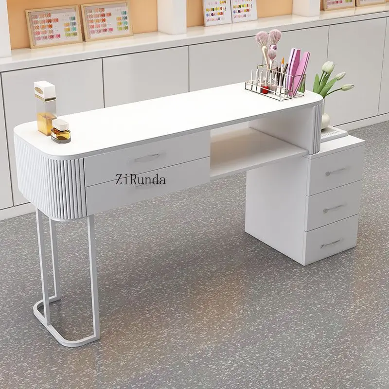 White cream style manicure table with locker, multifunctional wooden manicure table
