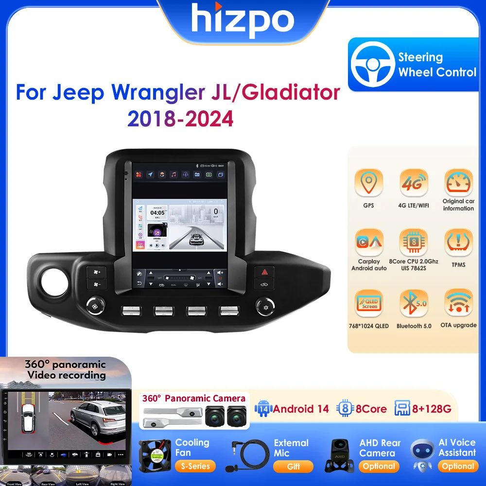 2 Din 9.7 Inch Car Multimedia Player GPS Navigation Support DSP Carplay Android Auto for Jeep Wrangler JL /Gladiator 2018-2023