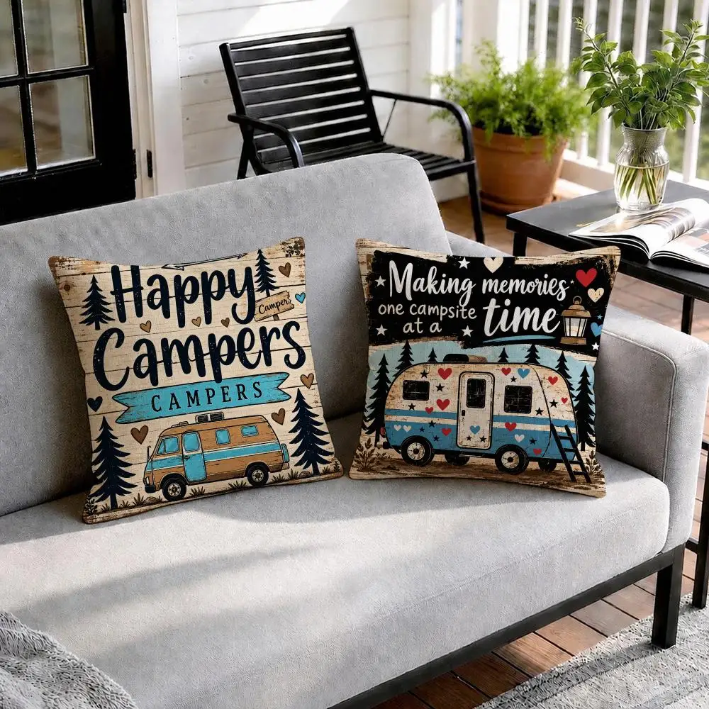 Happy Camper Quote Cushion Cover Natural Linen Organic Fabric Double-Sided Printing Sofa Home Decor Gift Pillow Cover