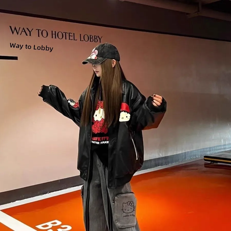 ゆったりフィット ハローキティ 刺繍 パッチワーク コットン混紡 ブラレザー ジャケット レディース ファッション アウター 秋冬 PUレザー