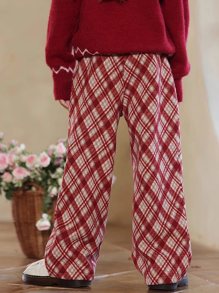 Christmas Party Toddler Pants Kids Girls Clothes Red Plaid Printed Teen Girl Autumn Winter Warm Trousers Tweens Girls Clothing