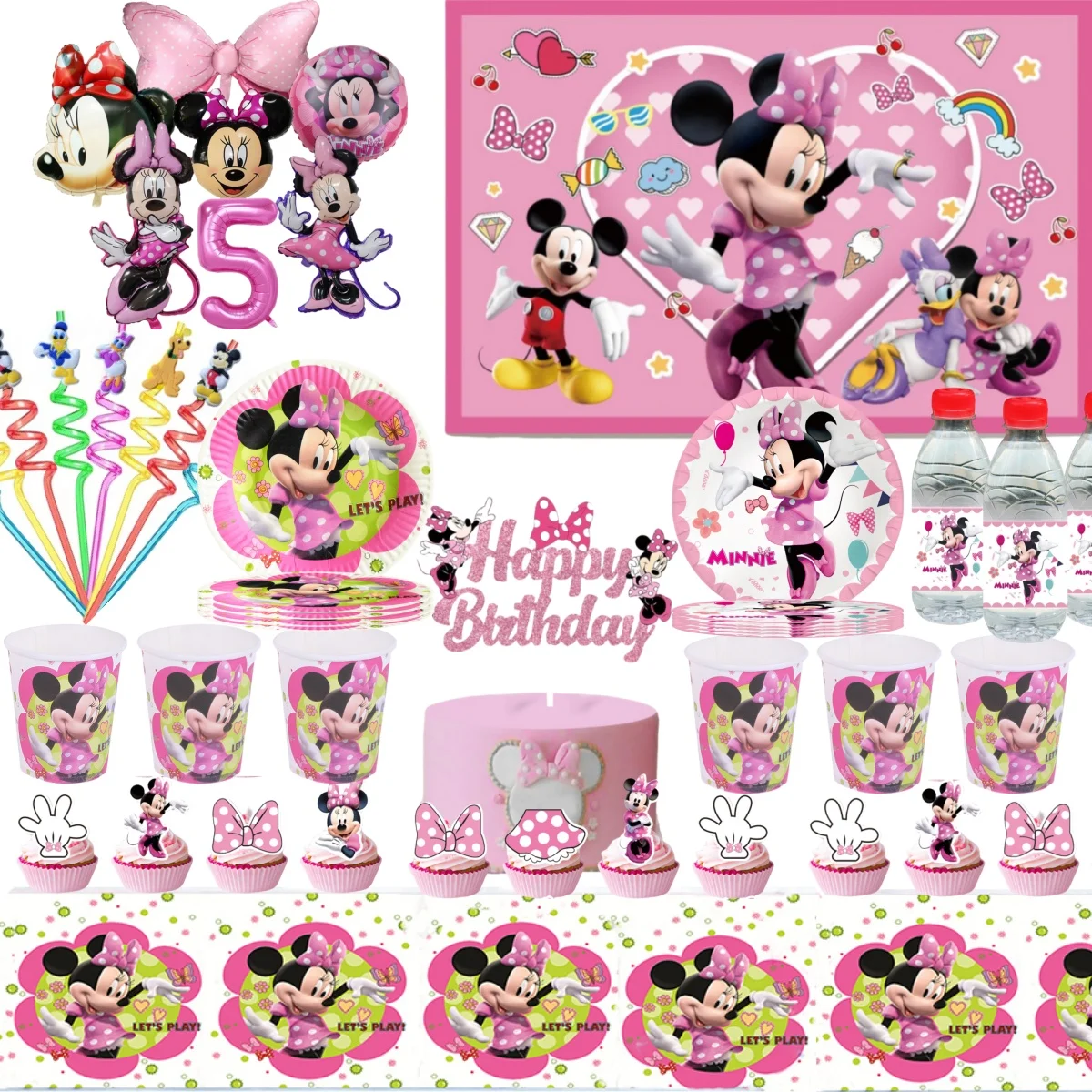 

Disney Minnie Mouse Birthday Party Decor Minnie Disposable Tableware Tablecloth Plate Baloon Baby Shower Girls Party Supplies