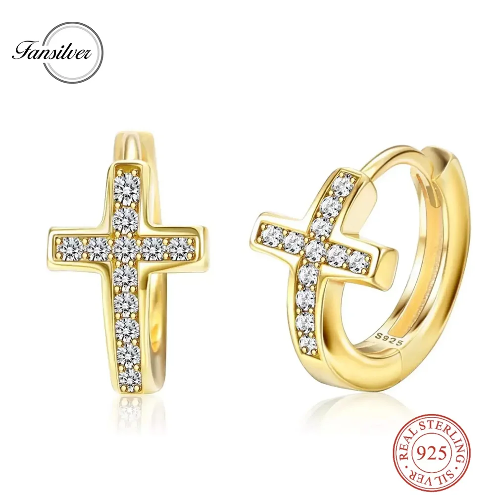 

Fansilver 925 Sterling Silver Cross Hoop Earrings 18K Gold Plated with Cubic Zirconia Dainty Small Huggie Earrings for Women