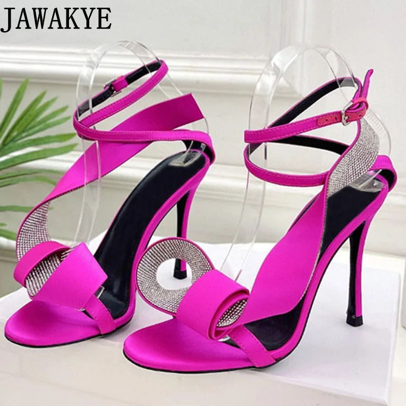 Sexy Crystal High Heel Sandals Women Open Toe Ankle Strap Satin Sandals Summer Brand Party Wedding Shoes Women Slippers Mujer