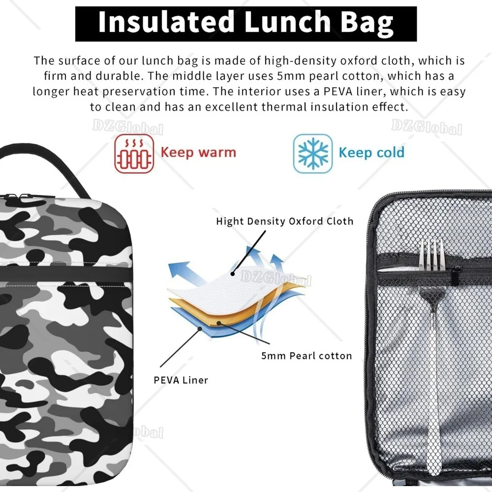 Black Camo Thermal Lunch Bags for Men Women Reusable Insulated Tote Lunch Bags for Office Work School Picnic Camping