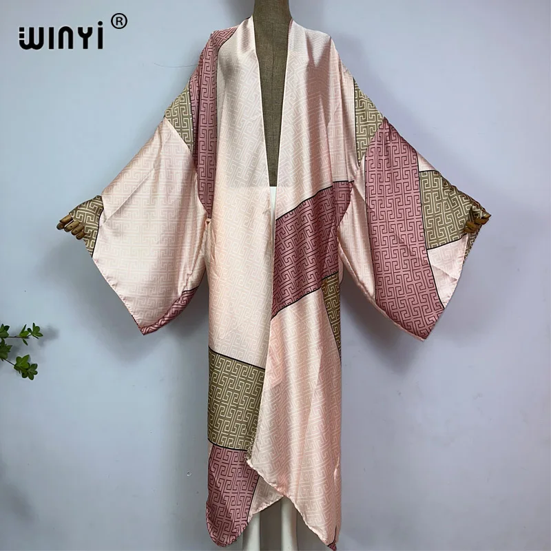 WINYI Africa Classic pattern print sweet lady beach Bohemian long Cardigan Cover-up stitch Casual Boho Maxi Holiday party kimono