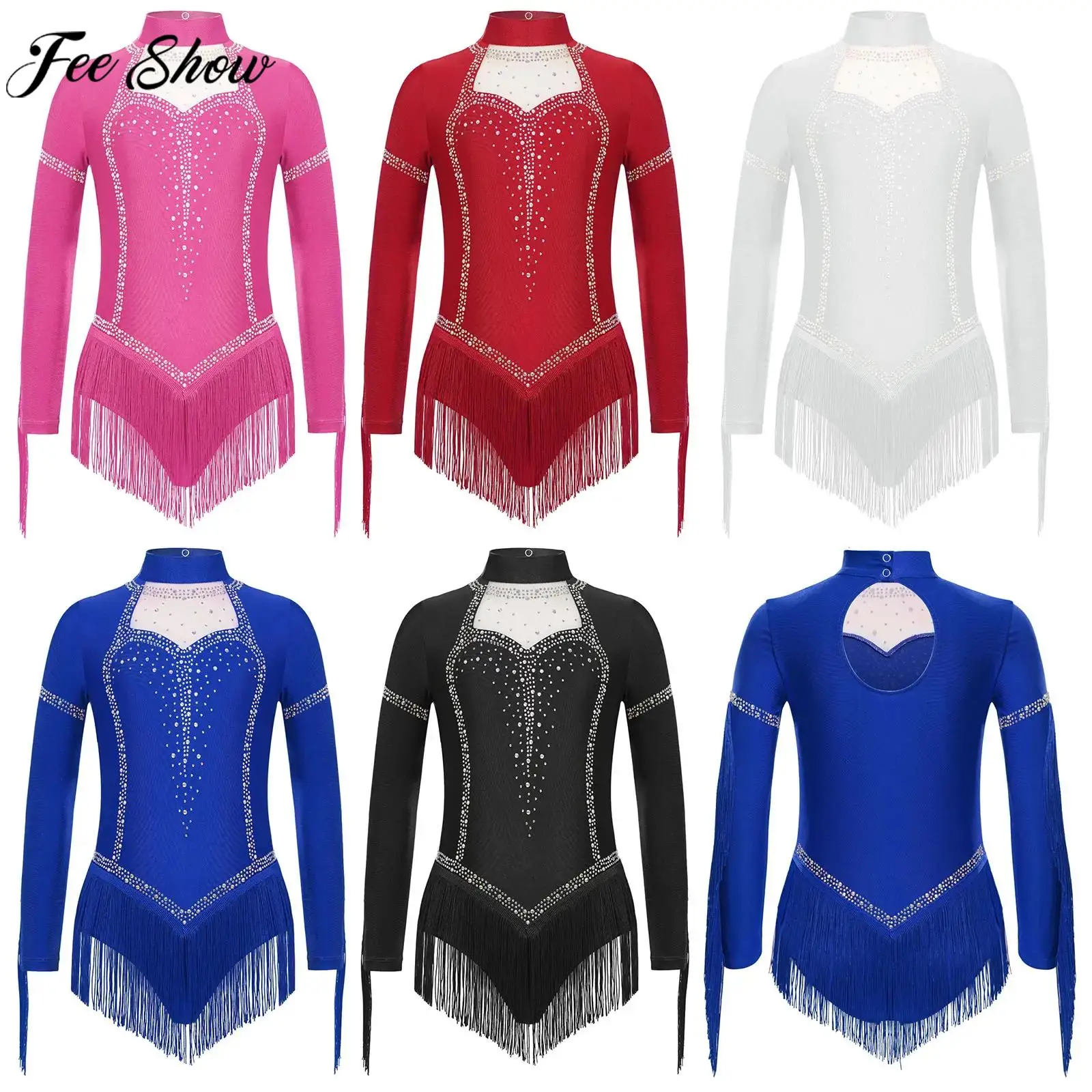Kids Girls Latin Dance Dress Long Sleeve Rhinestones Mesh Tassels Leotard for Figure Skating Cha-cha Tango Samba Rumba Ballroom
