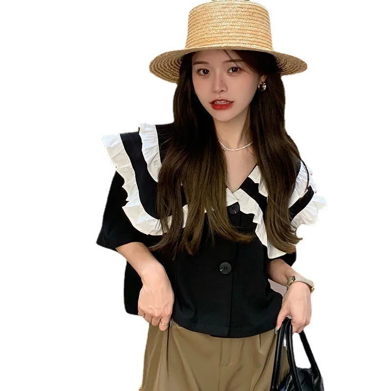 Doll Collar Short Sleeve Blouse Women\'s Tops Summer 2024 New French Design Chiffon Short Shirt Women\'s Clothing Camisas 여성여름옷