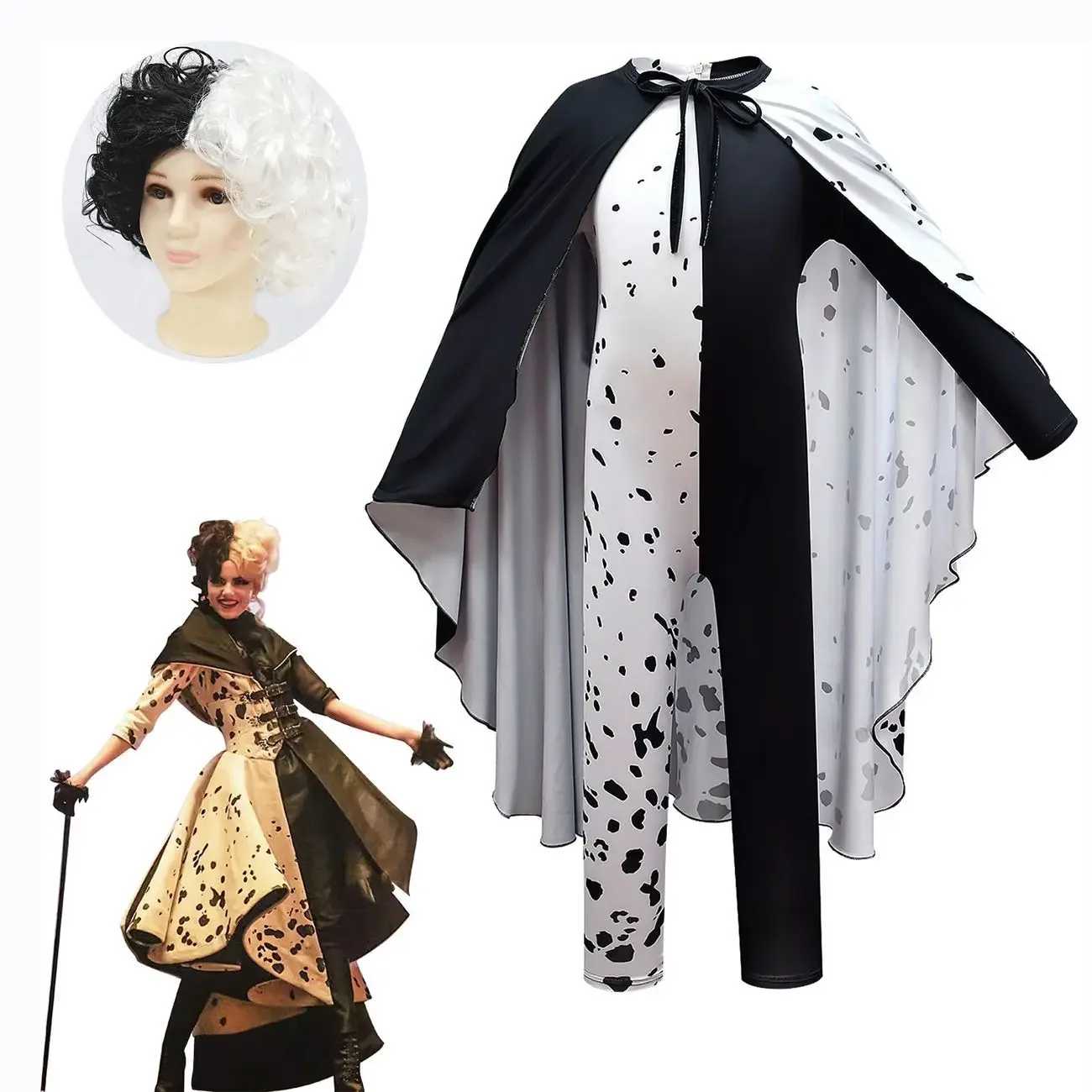 Hot Movie Evil Madame Cruella De Vil Cosplay Costume Kids Gown Black White Princess Dress Halloween Party Clothes with Cloak Wig