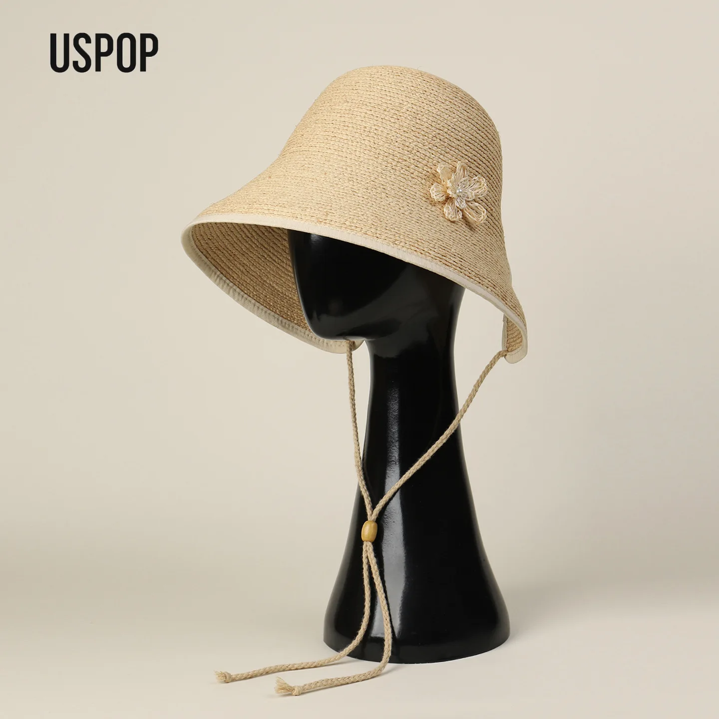 USPOP SOLARA Women Raffia Cloche Hat Open Back Design Flower Sun Hat Wide Brim Summer Beach Vacation Cap with Chin Strap