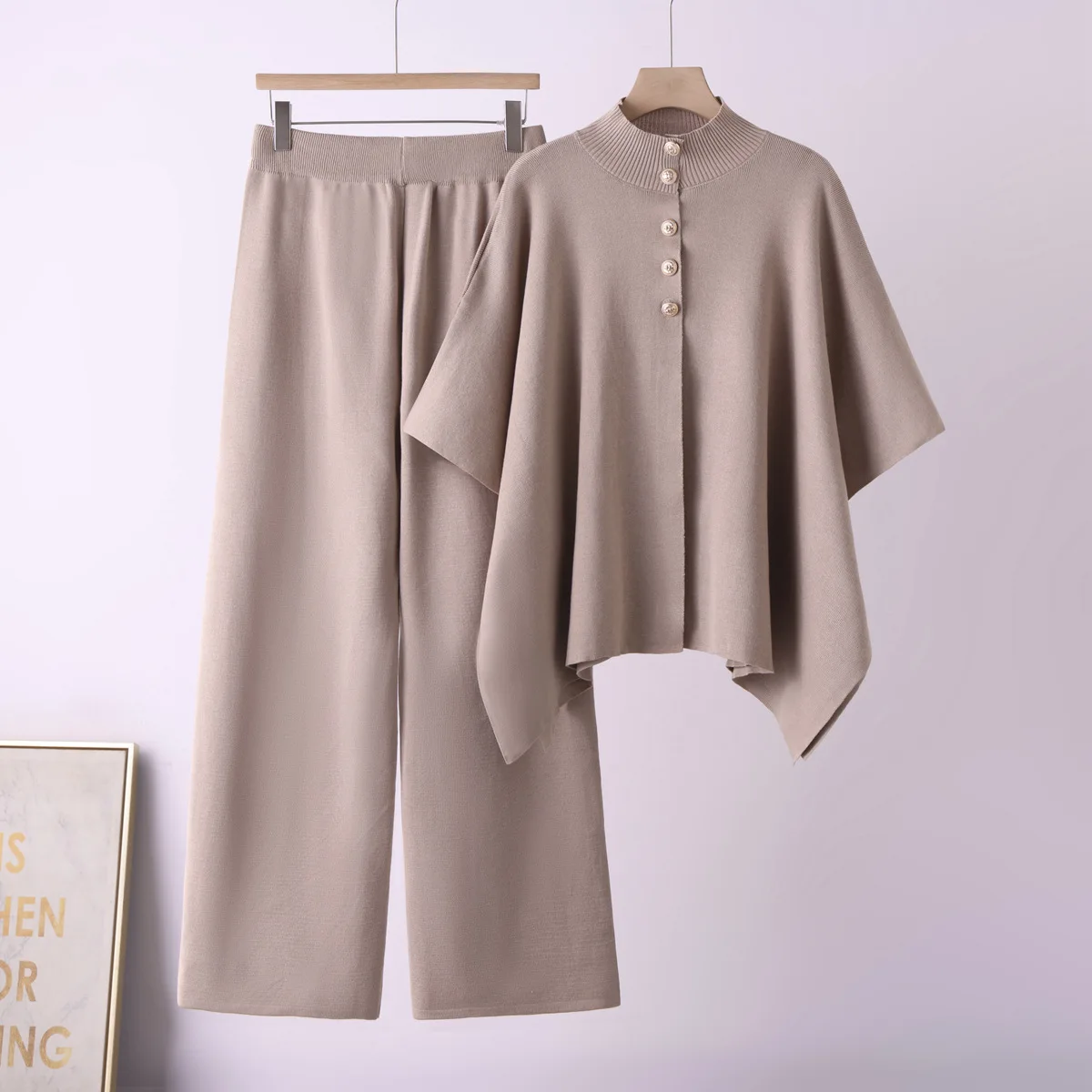 2026 New European And American Fashion Cape Button Set Solid Color Bat Sleeve Old Knitted Top Knitted Two-piece Set