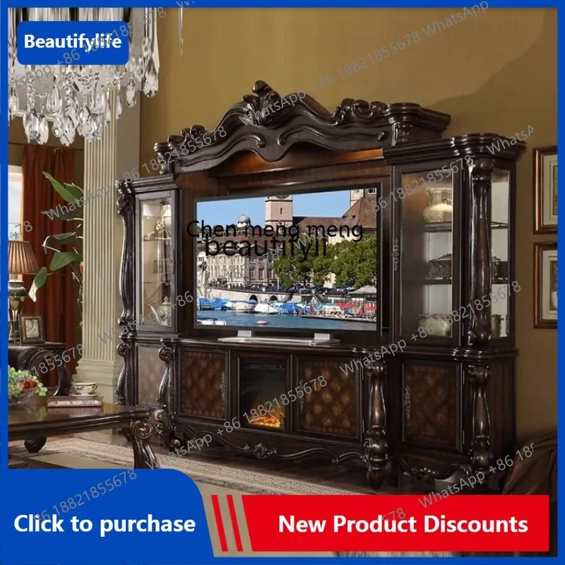 C85 European-Style Solid Wood Combined TV Cabinet Living Room Large Display Cabinet for Accessories Background Wall Curio Cabine