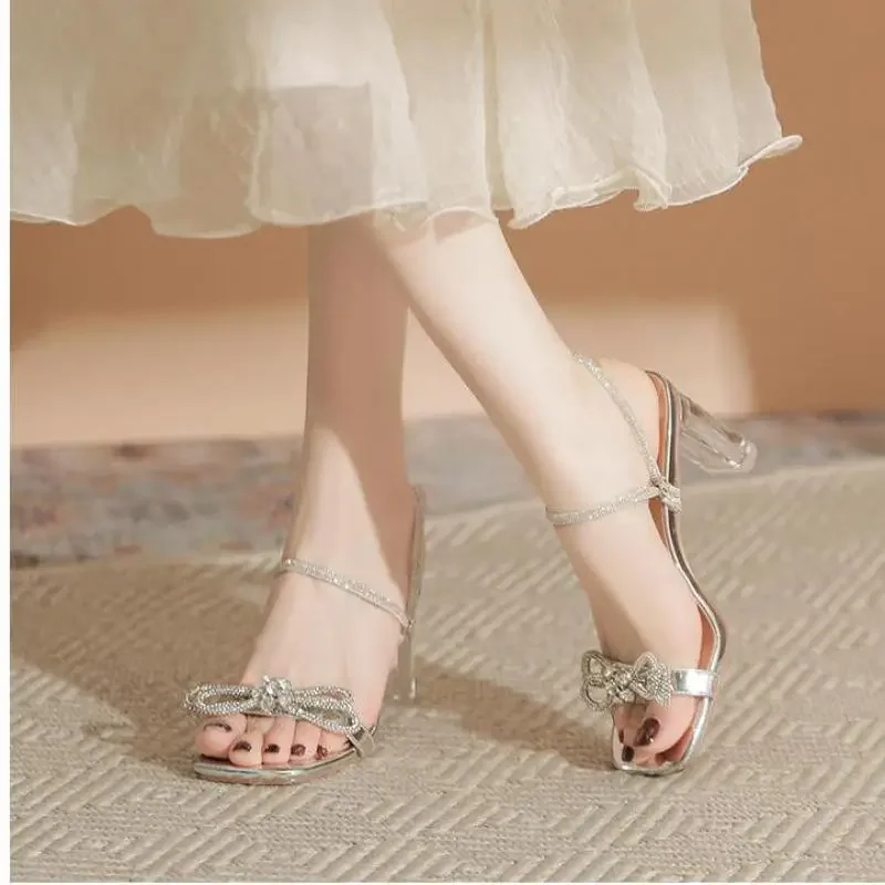 Size 30-44 Square Toe Chunky Heel Sandals Women Transparent High Heel Open Toe Summer Sandals Two-wearing Gold Silver Heels