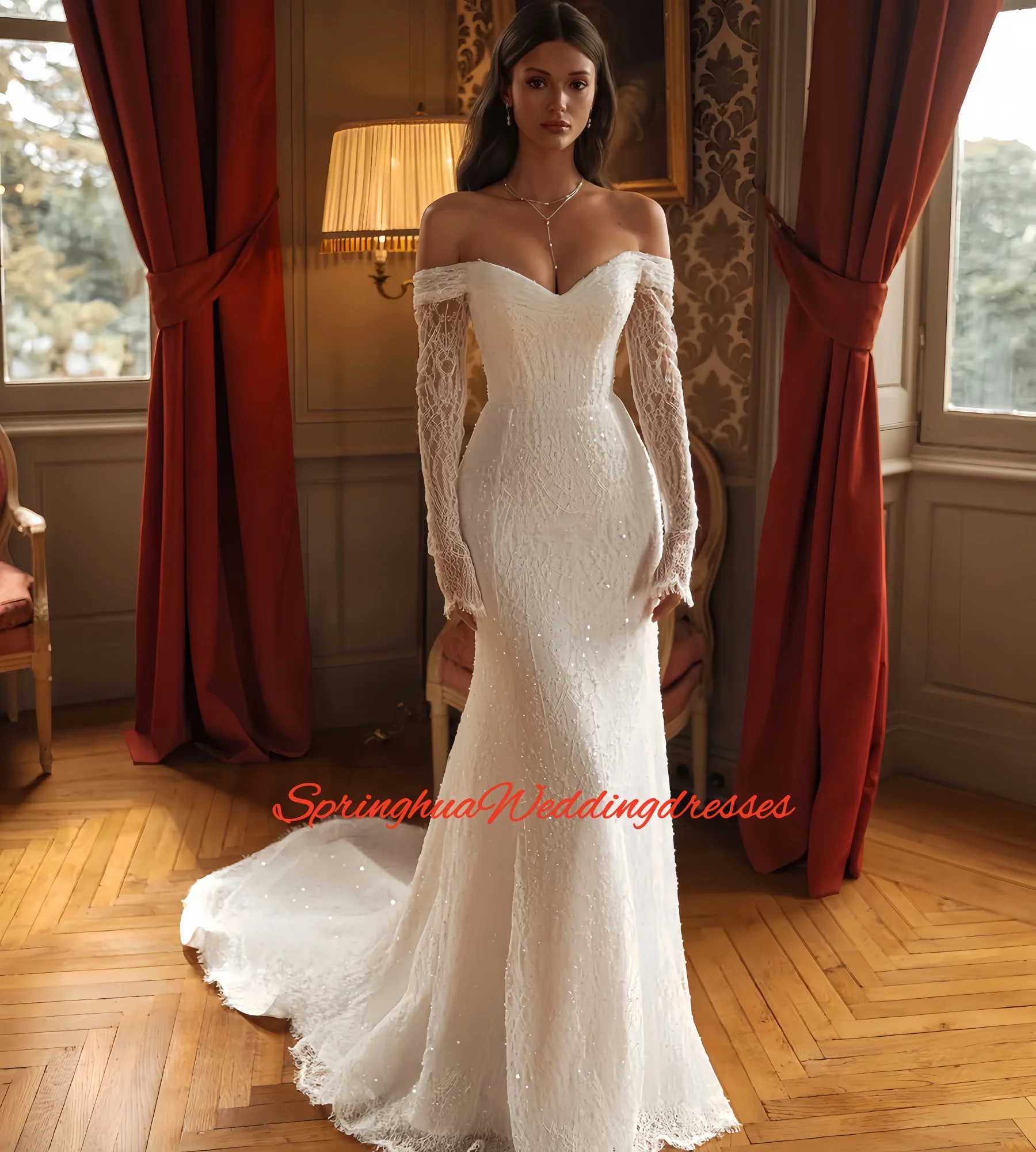 

Изысканное свадебное платье класса люкс с открытыми плечами, расшитое бисером и кружевом, с длинными рукавами и шлейфом, эксклюзивное свадебное платье (vestidos de novia)