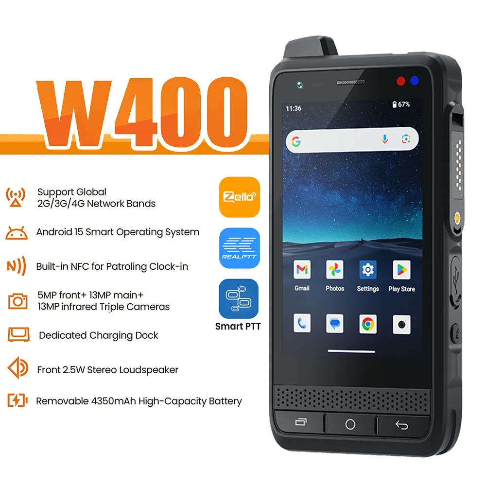 جديد Anysecu W400 Android 15 4G شبكة راديو فتح WIFI NFC Poc Walkie Talkie F400 العمل مع Real-ptt Zello Pocstar
