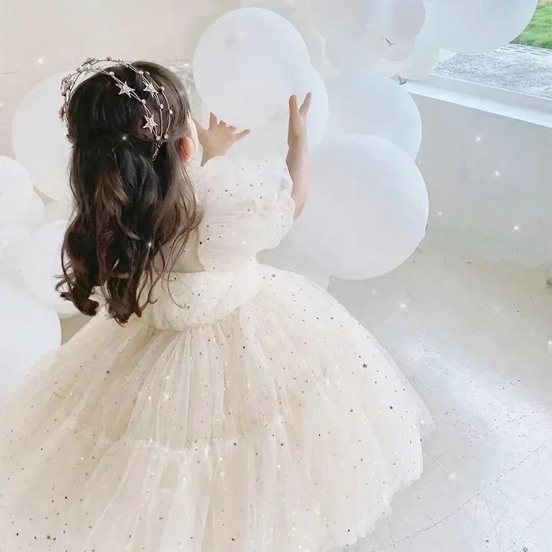 Toddler Girls Summer Dress for Kids Princess Birthday Party Gown Sequin Puff Sleeve Mesh Tutu Wedding Baptism Dresses 1-5 Yrs