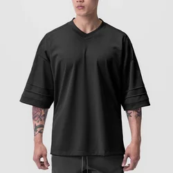 Mesh V Neck Oversized Half Sleeve Fitness T Shirt Mens Streetwear Hip Hop Fashion T-shirt Loose Gym Clothing Bodybuilding Tshirt