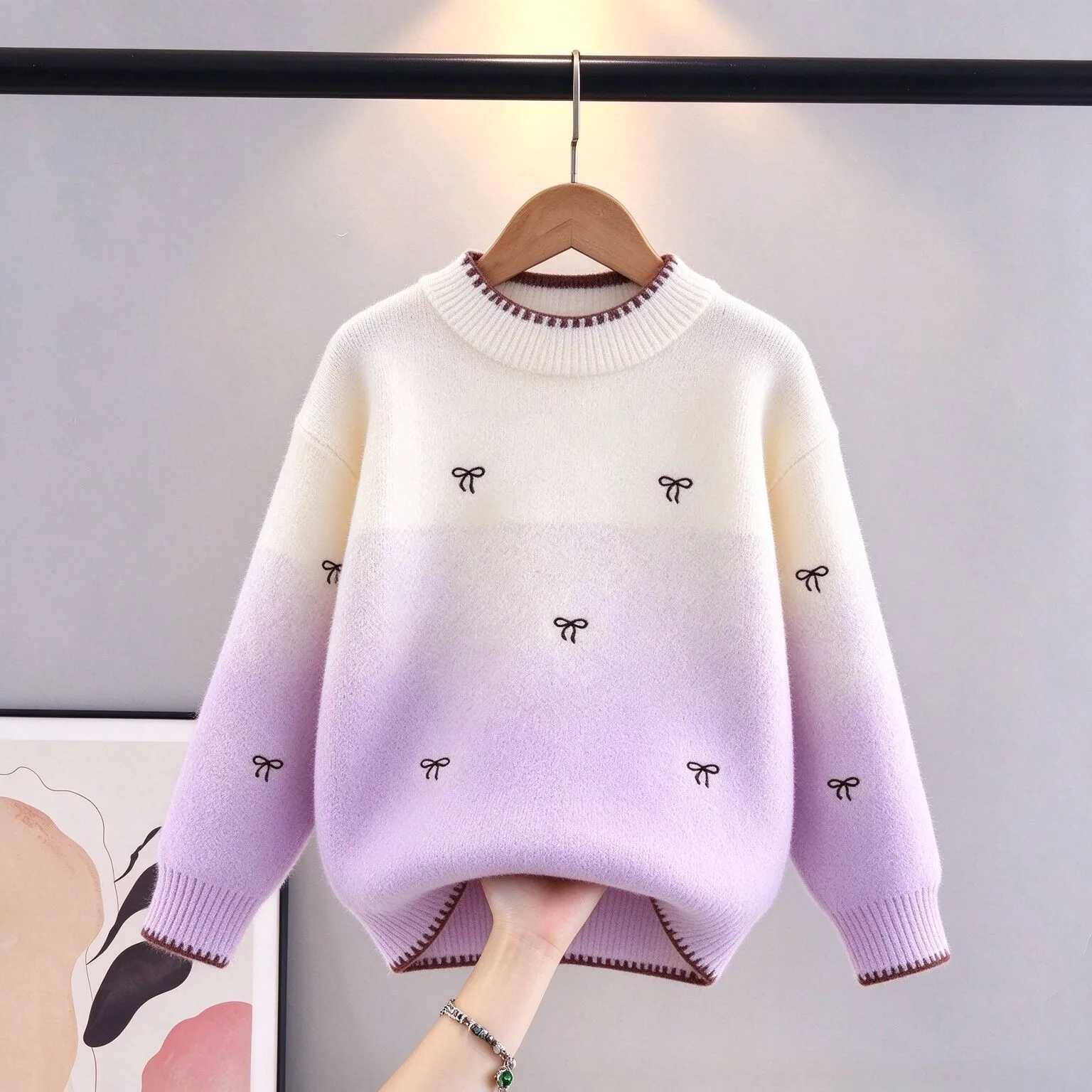 Super Nice Gradient Purple Girl's Sweaters with Delicate Butterflyt-knot Motifs Princess Pullovers Student Knit Clothes JY10193