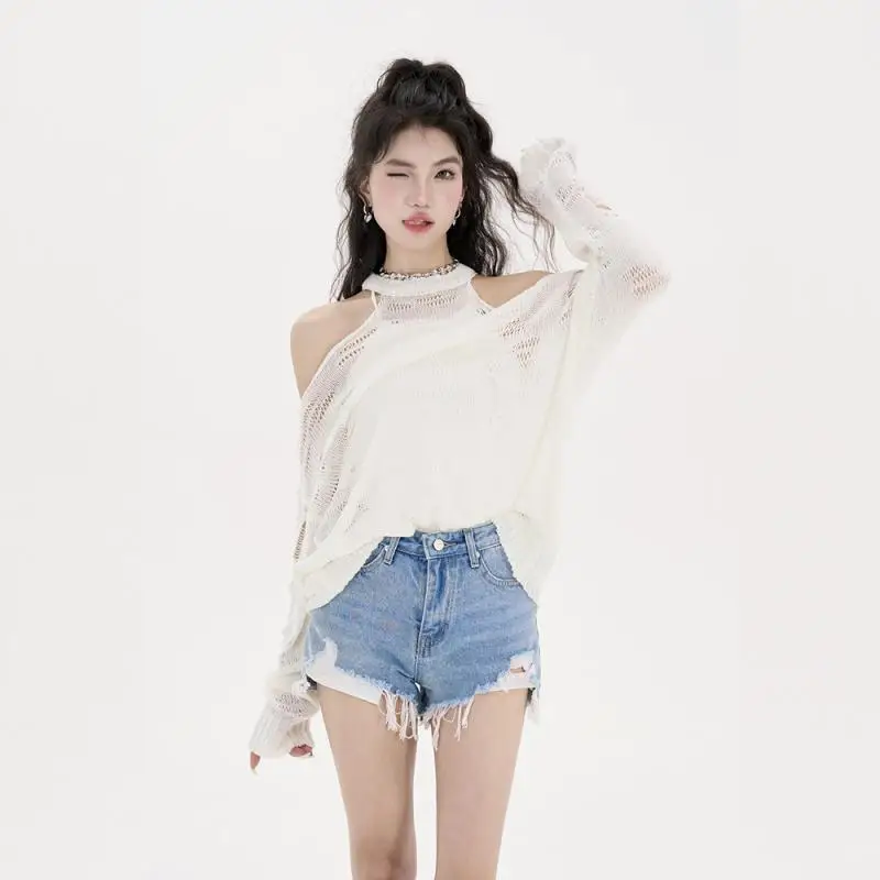 Hot Girl New Hollow Out Top Long Sleeve Off Shoulder Ripped Knit Design Knitwear Sun Protection Loose Cover Up Summer T shirt