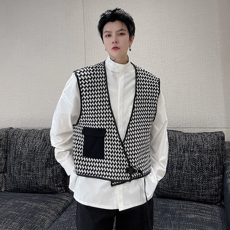 

Black Spring Plaid Kintting Vest For Men 2022 New Ins Design Fashionable Sleeveless Vests Vintage Korean Trend Tops 2A0245