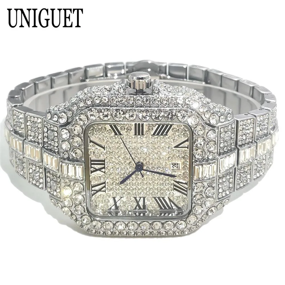 Luxury Diamond Watches Men Brand UNIGUET Hip Hop Iced Out Quartz Watch Fashion Roman Literal Square Wristwatch Man Dropshipping