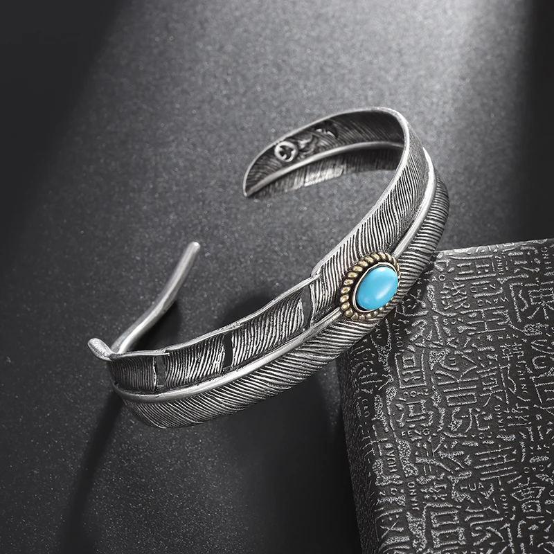 Vintage Silver Plated Turquoise Feather Wings Open Bracelet for Men Personalized Charm Cuff Bracelet Fashion Jewelry Gift