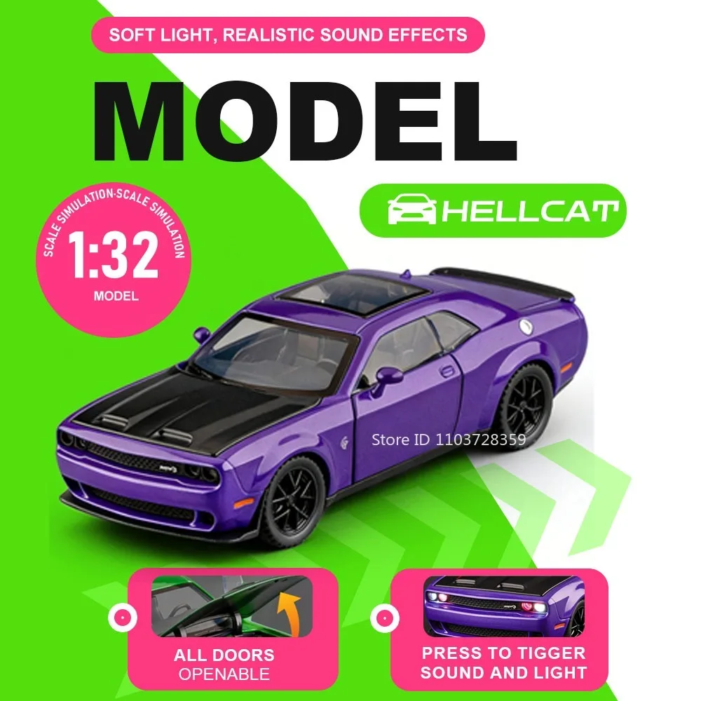 

1:32 Scale Hellcat Model Toy Supercars Alloy Diecast Sound Light Doors Opened Pull Back Simulation Sports Cars for Kids Gifts
