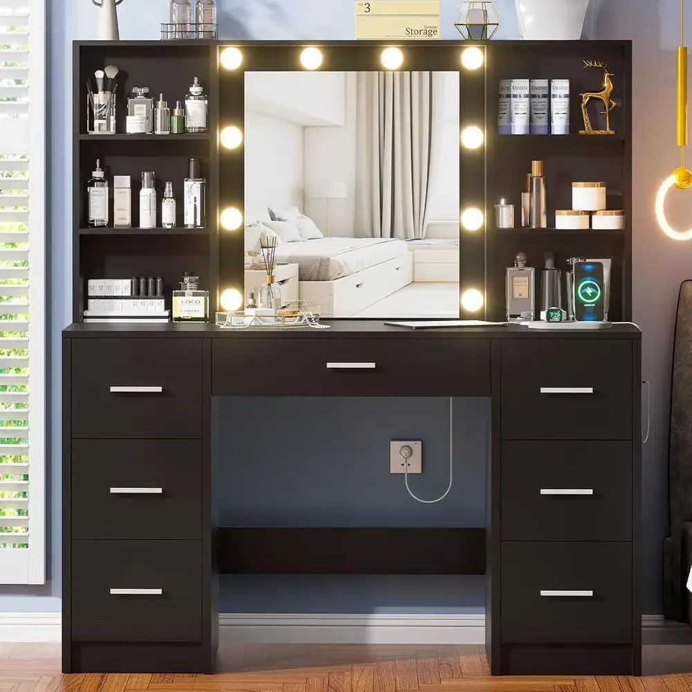 Illuminated Makeup Vanity Desk with Adjustable Lighting, 7 Drawers, 6 Shelves, and Power Outlet for Bedroom or Dressing Area
