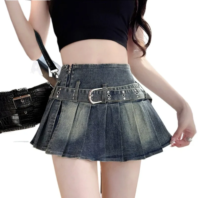 Fashionable High-waisted Versatile Side Zipper Denim Skirt  Women New Summer Pleated Skirt Anti-glare A-line Short Skirt Denim