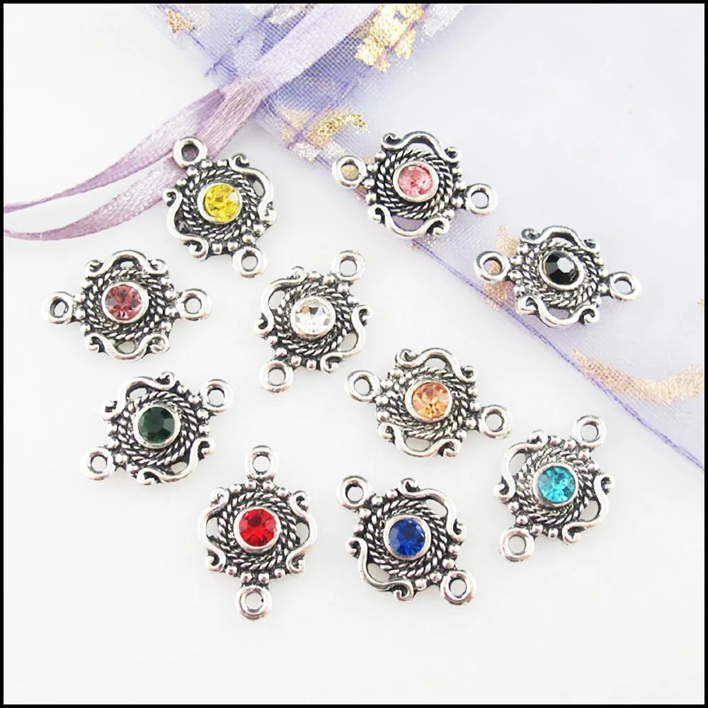 Fashion 20Pcs Mixed Crystal Tibetan Silver Plated Crown Flower Charms Connectors 13x19mm