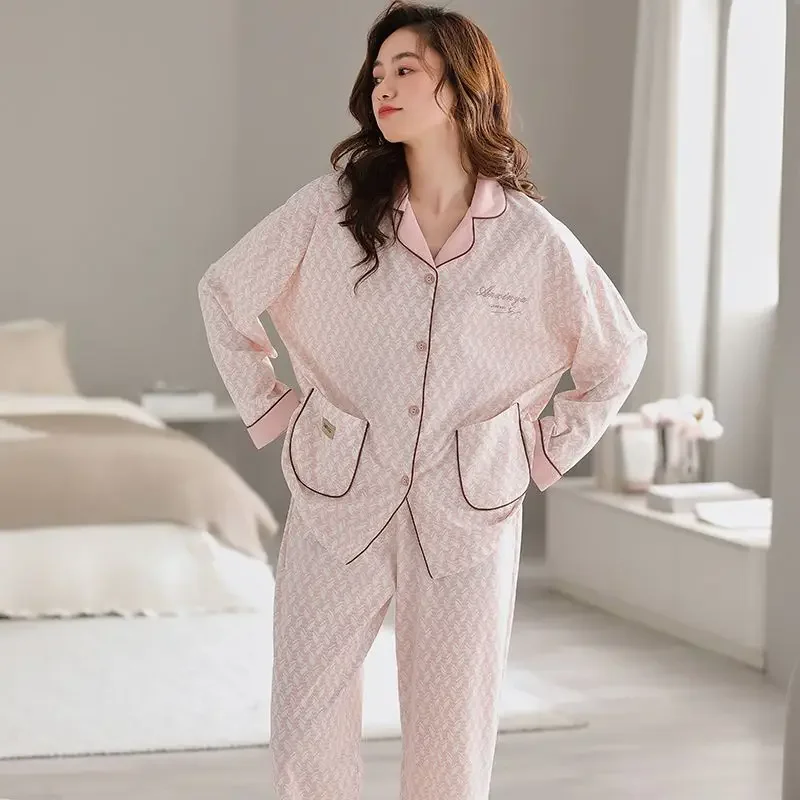 Cotton  Fashion Geometric Wind Loose Large Size Fall and Winter Style Loungewear Pajamas Female Spring and Autumn New Style